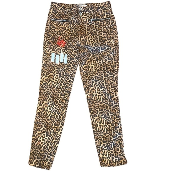Zara Y2K Leopard Print Jeans Size 6 Emblem 90s Graffiti High Rise Zipper - Picture 3 of 9